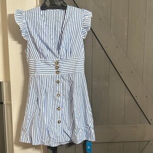 CUPSHE Blue and White Striped Dress with Gold Buttons
